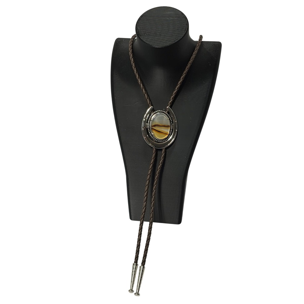 Mens Western Horseshoe Bolo Tie Silver Tone Banded Agate Brown Braided Cord*